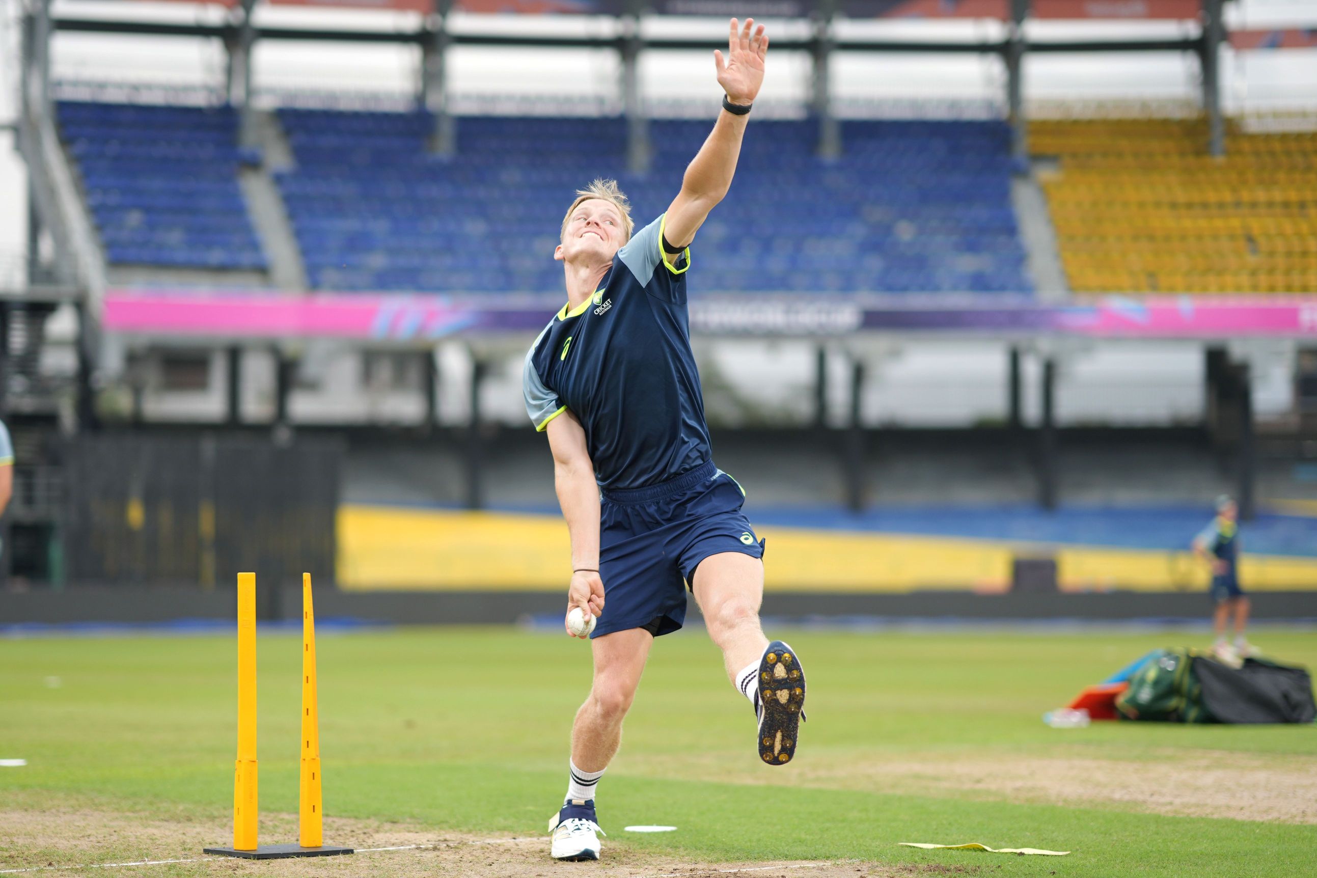 Returning quick Nathan Ellis bowls during the team's brief warm-ups // Sameera Peiris-ICC